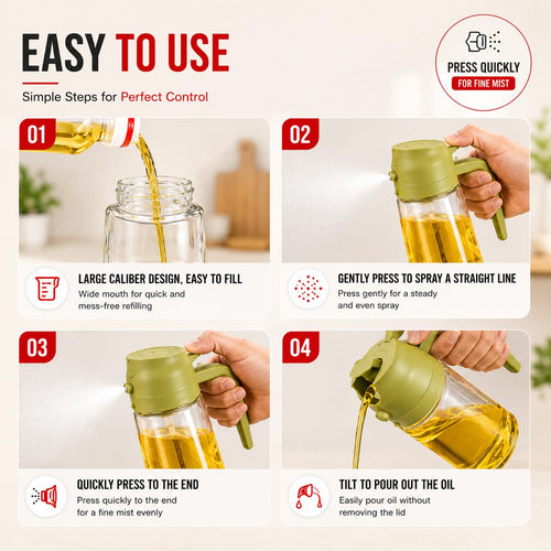 2 in 1 Oil Spray Bottle & Oil Dispenser | 500ml Glass Oil Pot
