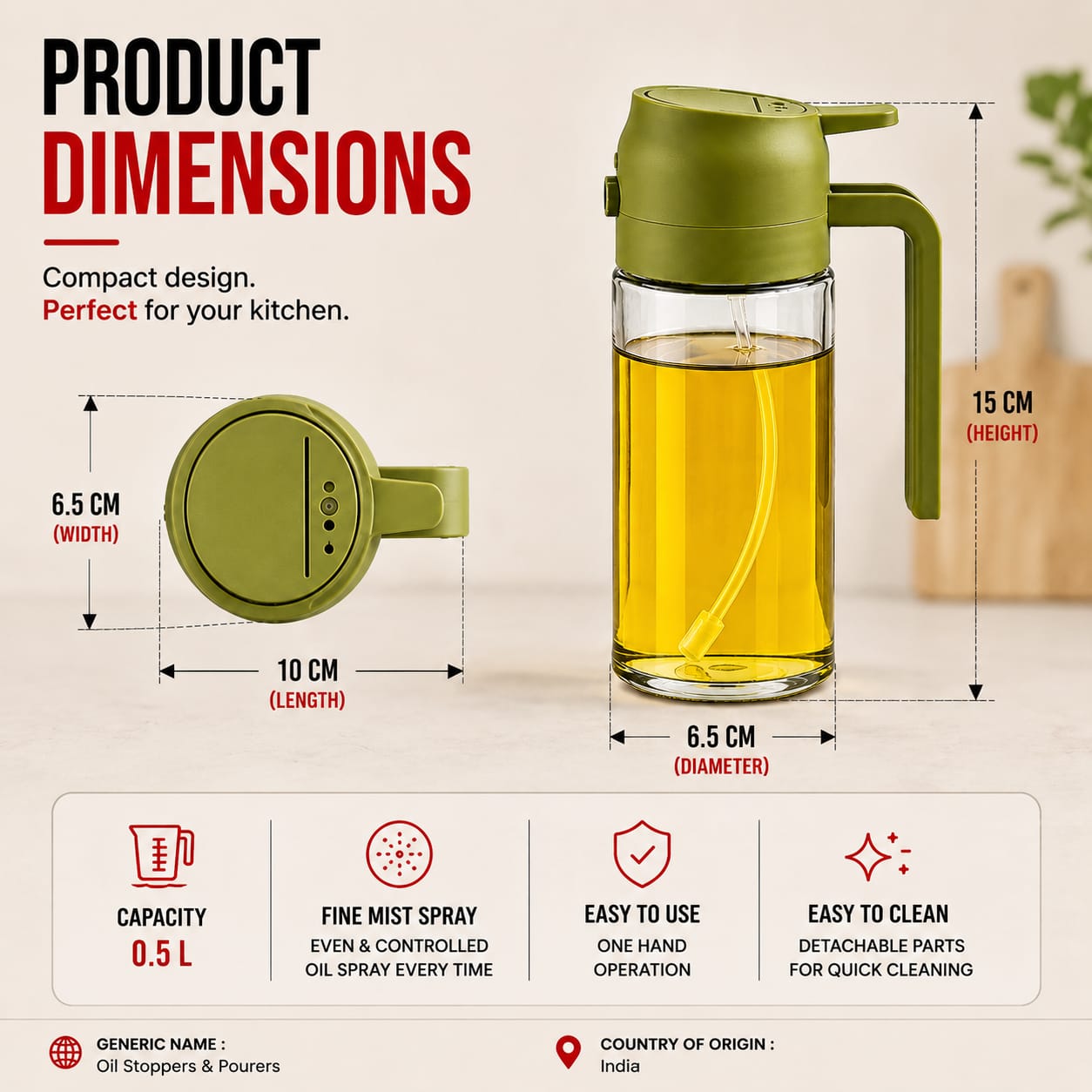 2 in 1 Oil Spray Bottle & Oil Dispenser | 500ml Glass Oil Pot