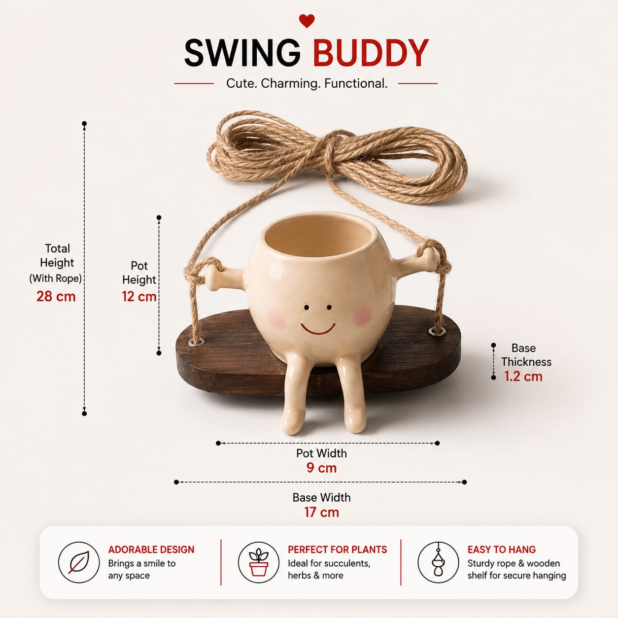 Cute Smiley Face Hanging Ceramic Planter - Swing Buddy for Balcony, Garden & Home Decor