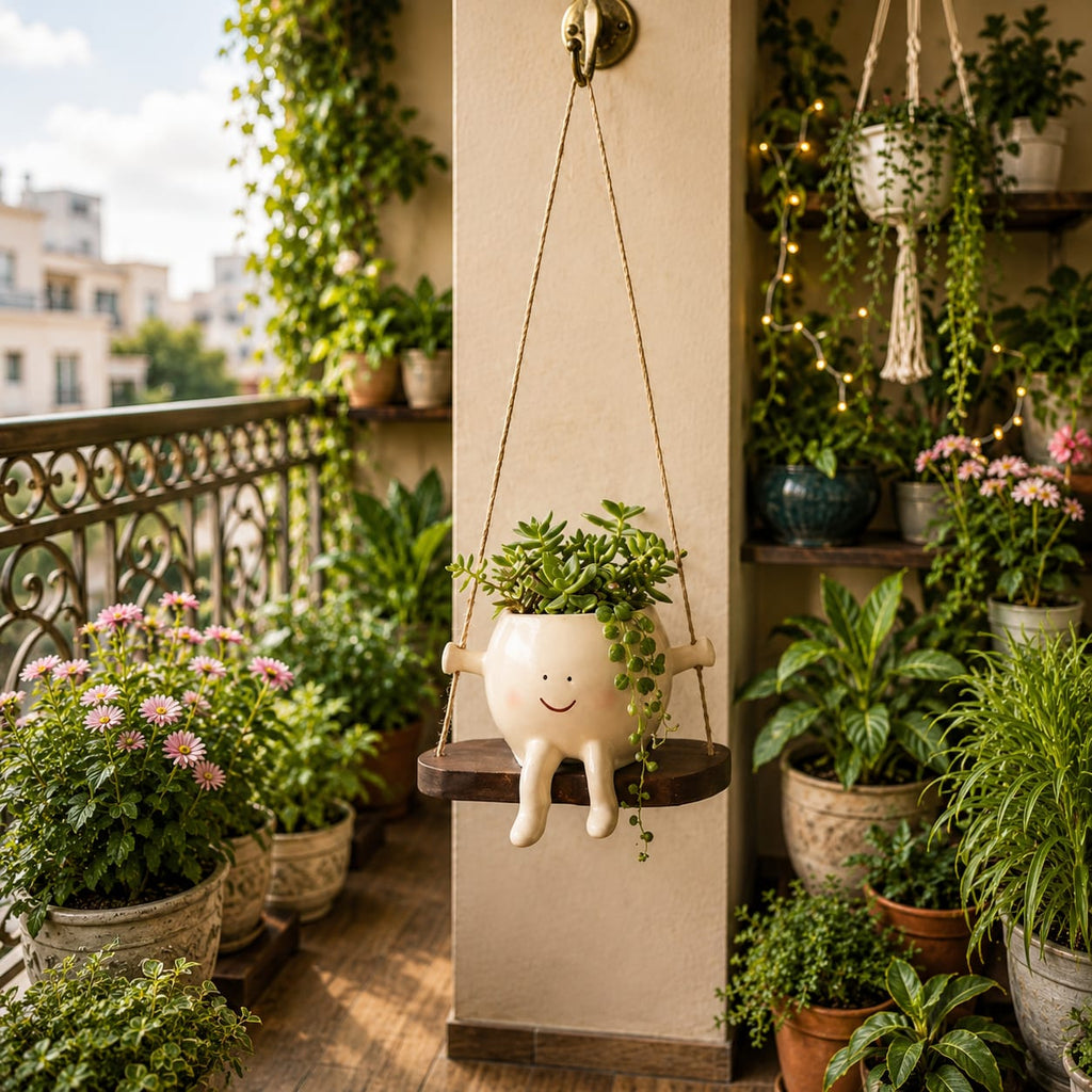 Cute Smiley Face Hanging Ceramic Planter - Swing Buddy for Balcony, Garden & Home Decor