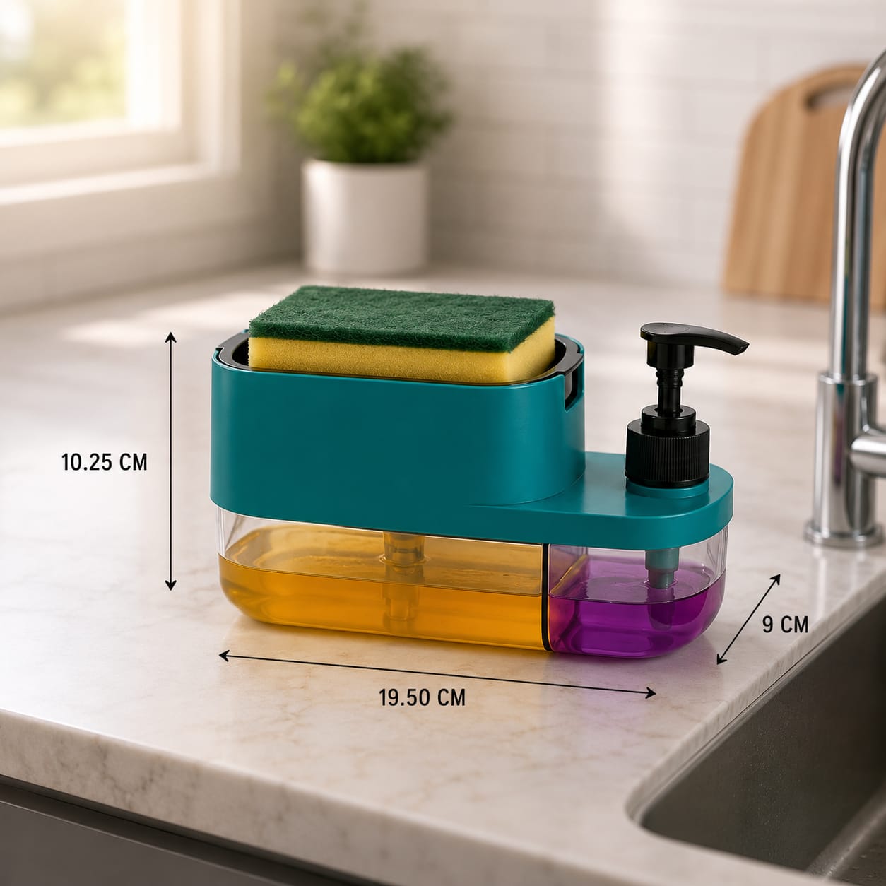 3-in-1 Soap Dispenser with Sponge Holder – Dual Liquid Pump for Dishwashing & Hand Wash