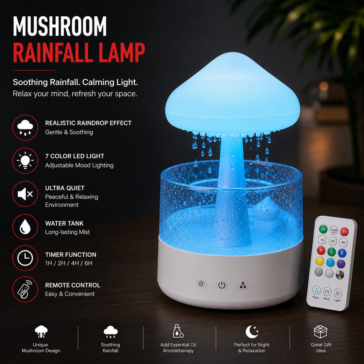 Rain Mist Mushroom - Rainfall Aroma Diffuser, Humidifier & Night Lamp