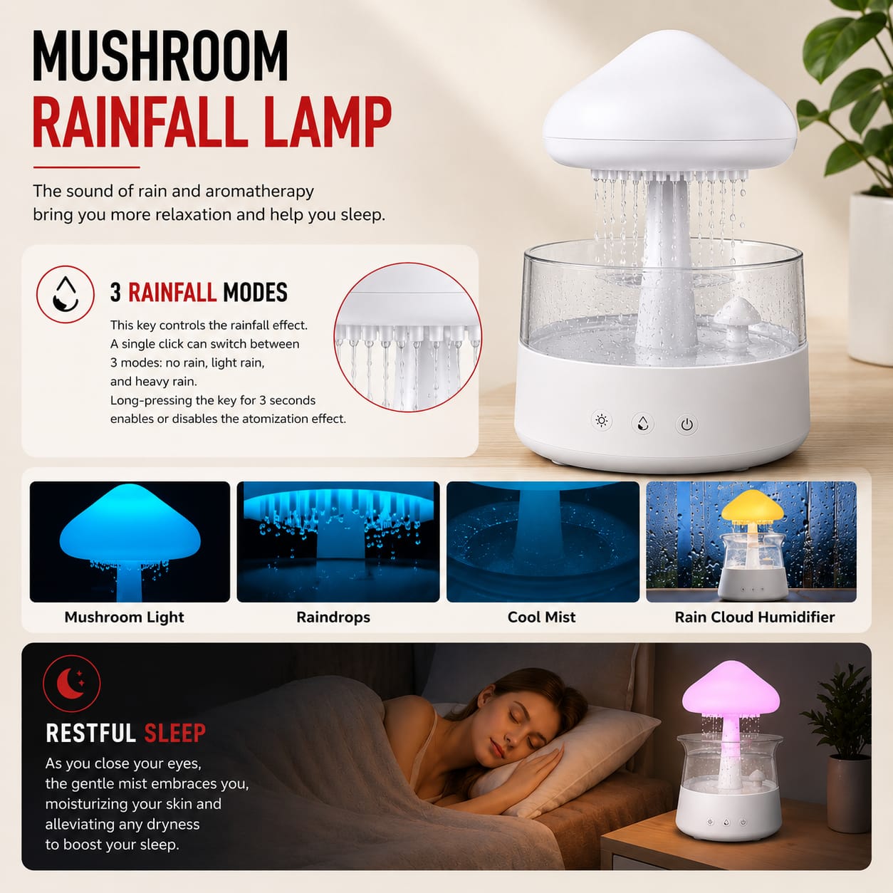 Rain Mist Mushroom - Rainfall Aroma Diffuser, Humidifier & Night Lamp