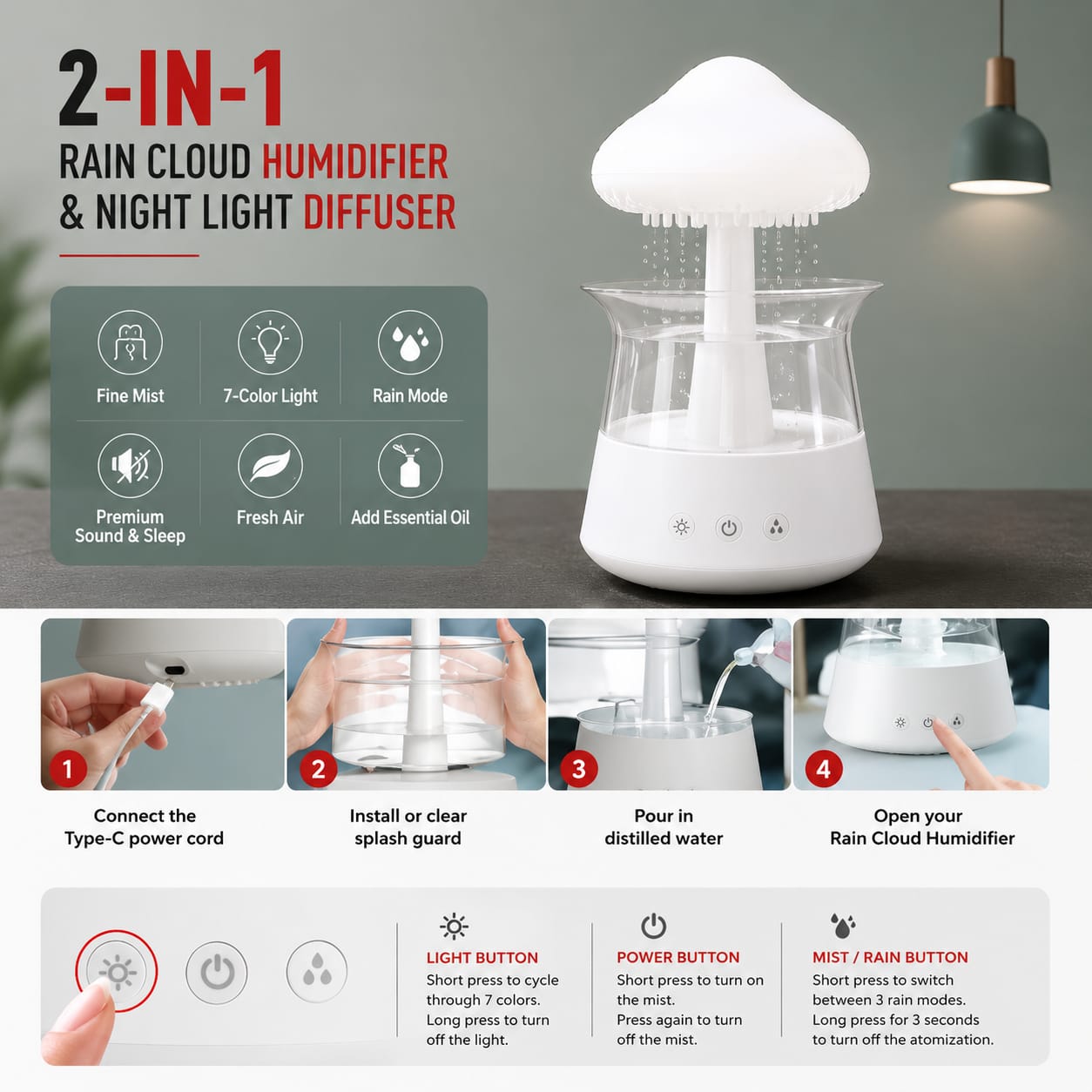 Rain Mist Mushroom - Rainfall Aroma Diffuser, Humidifier & Night Lamp