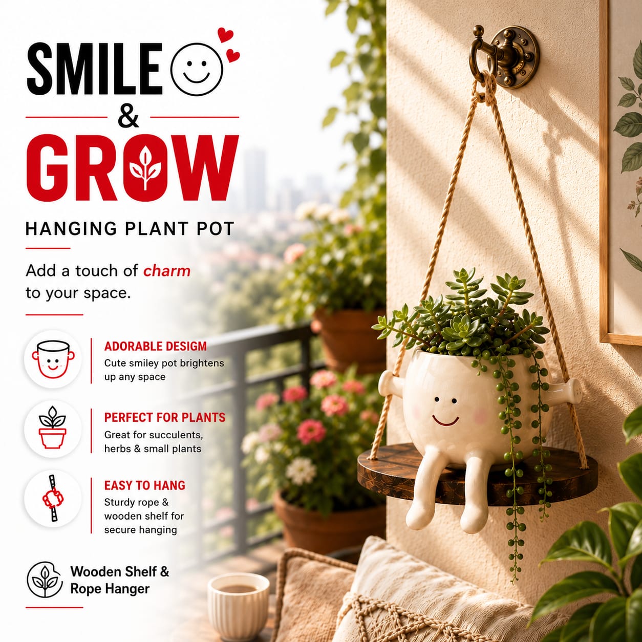 Cute Smiley Face Hanging Ceramic Planter - Swing Buddy for Balcony, Garden & Home Decor