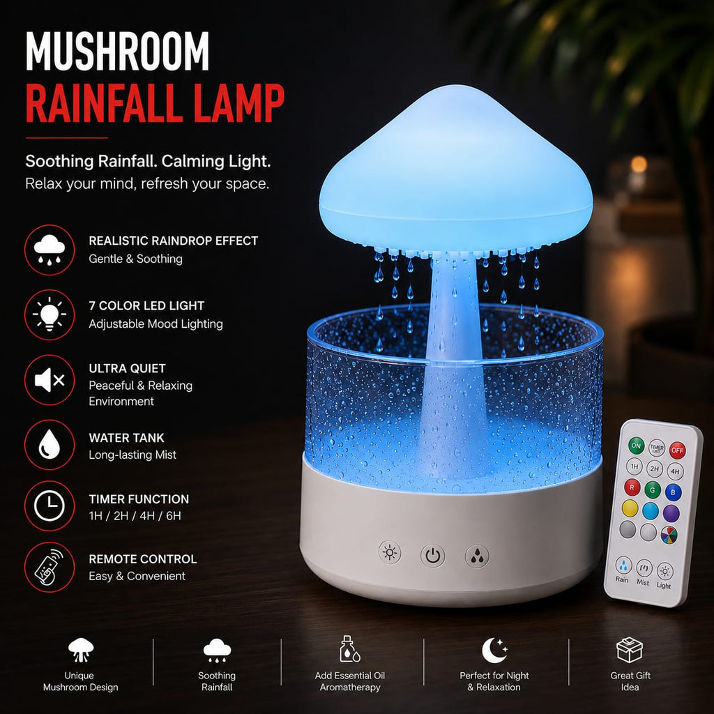 Rain Mist Mushroom - Rainfall Aroma Diffuser, Humidifier & Night Lamp
