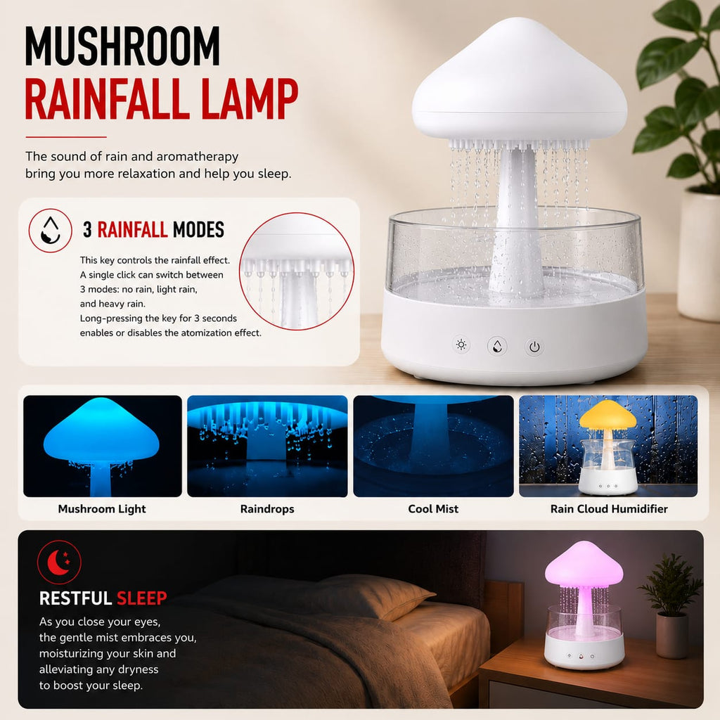 Rain Mist Mushroom - Rainfall Aroma Diffuser, Humidifier & Night Lamp