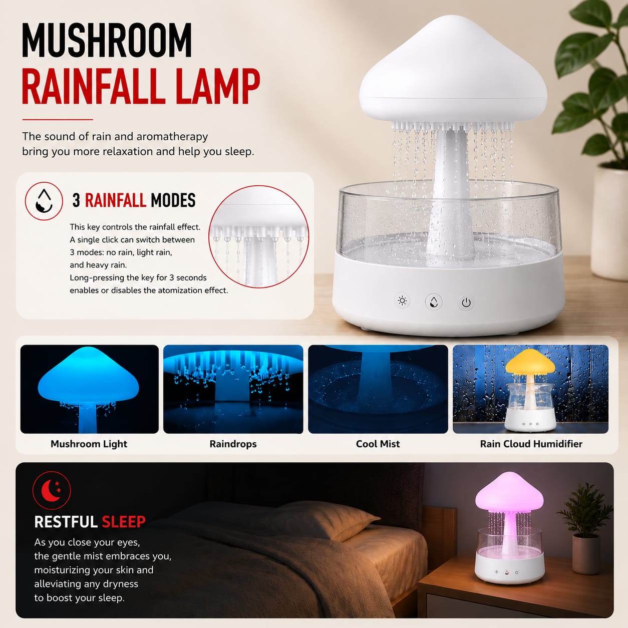 Rain Mist Mushroom - Rainfall Aroma Diffuser, Humidifier & Night Lamp