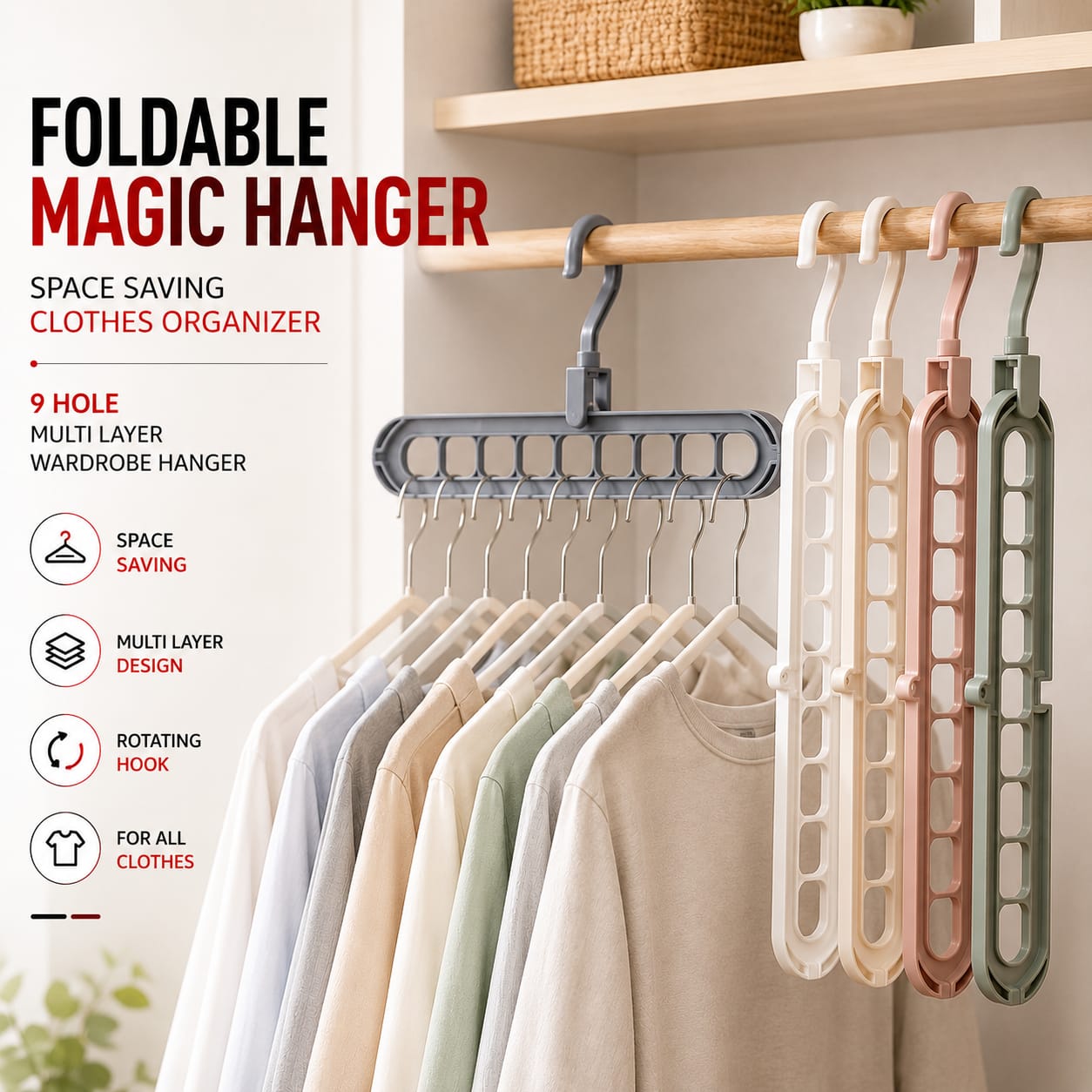 Wardrobe Space Saver Magic Hanger (9-Hole) - 360° Rotating Foldable Clothes Hanger Organizer
