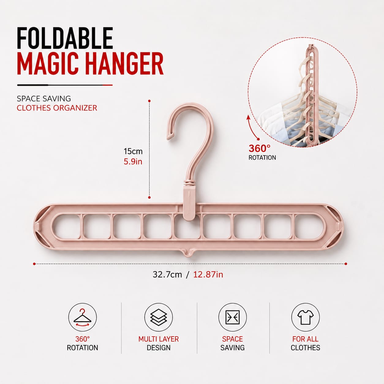 Wardrobe Space Saver Magic Hanger (9-Hole) - 360° Rotating Foldable Clothes Hanger Organizer